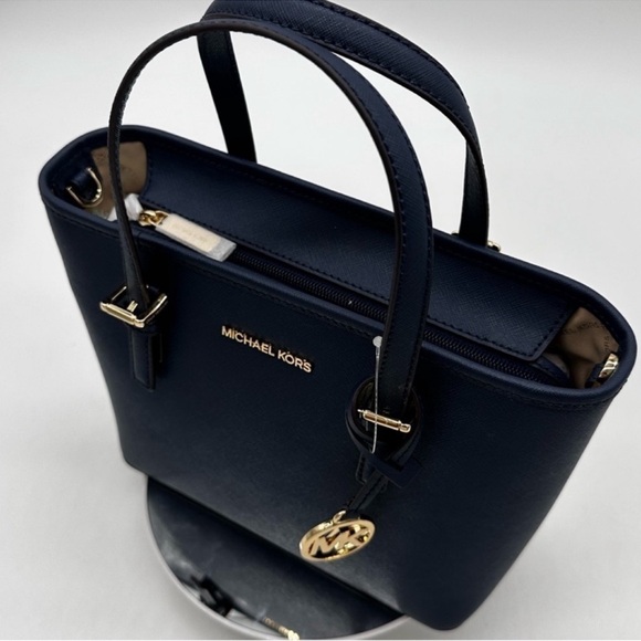 Michael Kors Jet Set Travel Extra-Small Top Zip Tote Bag Navy Blue/Gold - Picture 7 of 9